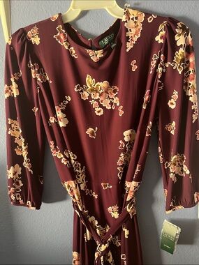 Lauren Ralph Lauren Maroon Floral Long Sleeve Midi Dress